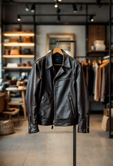 Fototapeta premium A luxurious leather jacket displayed in a boutique, highlighting premium materials and minimalist store design.