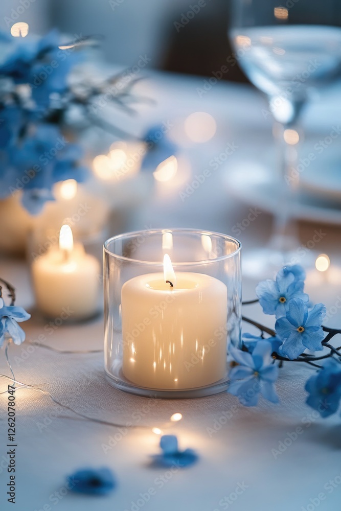 Poster soft glow from candlelight illuminates a table setting with blue flowers, creating an intimate and r