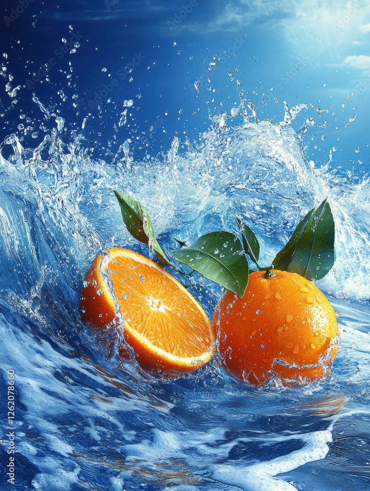 Poster fresh orange slices splashing into water with droplets and vibrant citrus colors, creating a lively 