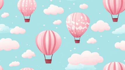 Colorful Hot Air Balloons in Pink and Blue Sky with Soft Clouds