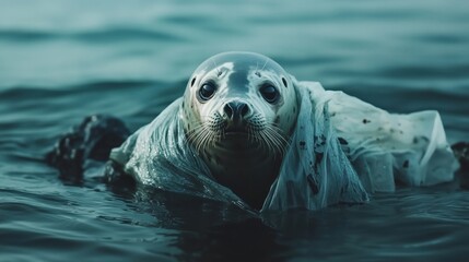 Fototapeta premium Seal trapped in plastic bag swimming in ocean