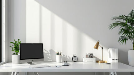 Workplace with lamp, houseplant and laptop in light office