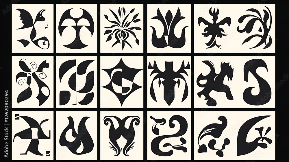 Poster artistic visuals in black and white striking symbolic shapes and forms aesthetic collection display