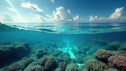 Fototapeta premium Split-view of coral reef affected by bleaching with clear ocean water and sky 