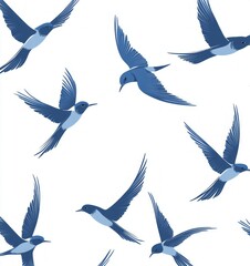Obraz premium This design features a seamless pattern of swallows flying gracefully across a white backdrop. The blue hues capture the essence of these agile birds, symbolizing freedom in flight