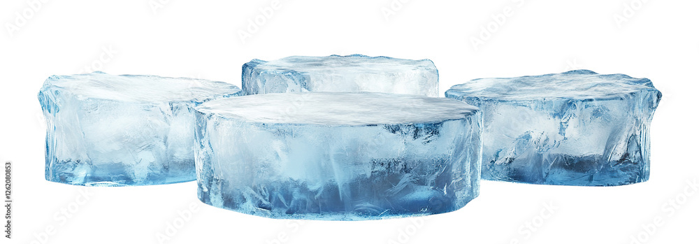 Poster set of round ice blocks with frozen texture, isolated on transparent cutout background