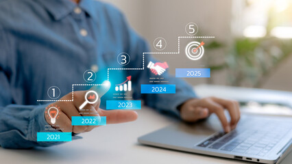 Businessman plan strategy marketing and finance to goal in 2025 planning business growth with technology AI and environmental care to New Year resolutions business. digital transformation 2025
