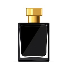 Isolated black perfume bottle with gold cap on white background