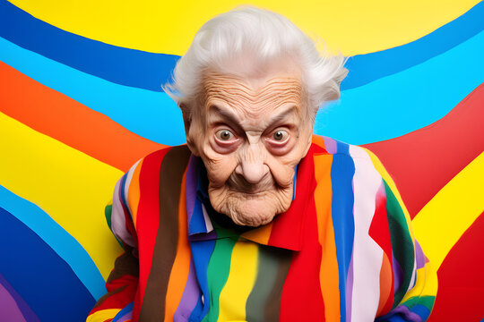 Old Woman Expresses Strong Emotions Against a Vibrant Backdrop - Powered by Adobe