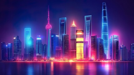 Futuristic skyline with towering skyscrapers and neon lights glowing