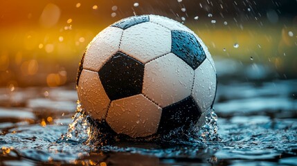 Fototapeta premium Soccer ball in the rain: Dynamic action shot of a wet soccer ball splashing into a puddle, capturing the energy and excitement of the sport.