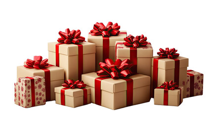 Obraz premium Festive Gifts: A captivating display of wrapped presents, each adorned with a vibrant red ribbon and bow, creates a scene of anticipation and delight. The carefully arranged collection promises joy.