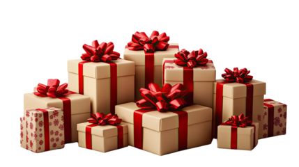 Festive Gifts: A captivating display of wrapped presents, each adorned with a vibrant red ribbon and bow, creates a scene of anticipation and delight. The carefully arranged collection promises joy.