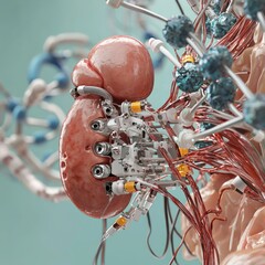 Medical insights into kidney transplantation, showing immune response, organ compatibility, and healing process.