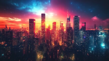 Fototapeta premium Futuristic cityscape with glowing skyscrapers and a vibrant skyline