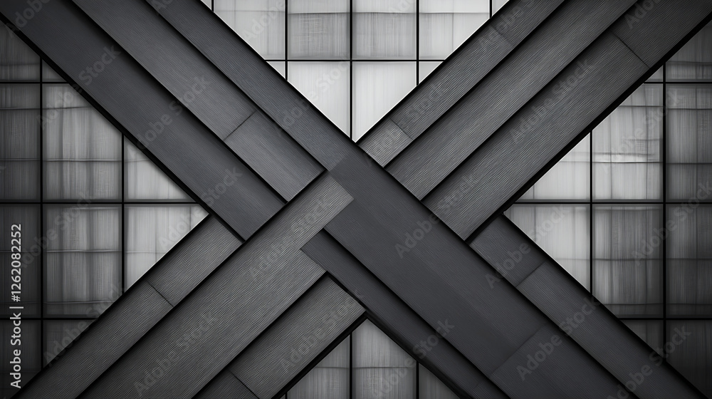 Poster black and white x structure with intersecting beams and window grids in an urban environment