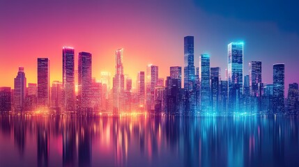 Futuristic cityscape with glowing skyscrapers and a vibrant skyline