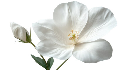 Fototapeta premium Ethereal Bloom: A pristine, delicate white flower in full blossom, its petals gracefully unfurling alongside a tender bud, offers a glimpse of nature's serene artistry.