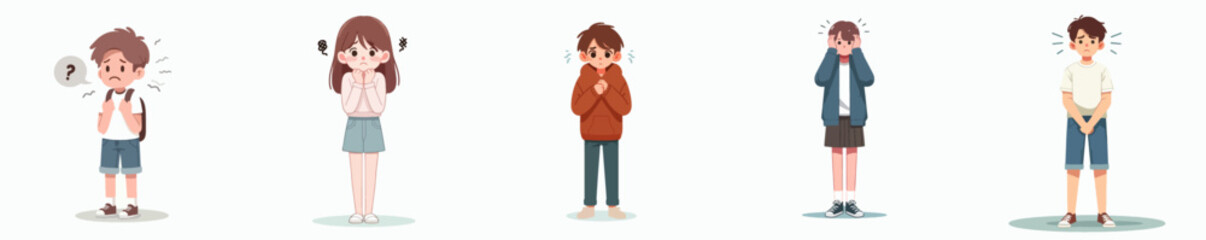 vector a teenager standing is feeling scared and anxious with a simple and minimalist flat design style, plain white background