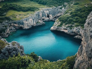 Obraz premium A serene, vibrant blue lagoon nestled within a rocky mountain valley. A haven for wildlife and nature enthusiasts, the clear waters are ideal for swimming, snorkeling, or kayaking.