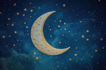Naklejka premium Night sky scene featuring crescent moon and golden stars. Serene nocturnal digital illustration for artistic, scientific, or celestial themes.