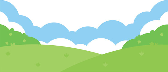 An illustration of a blue sky with white clouds over a lush green garden landscape bottom border.