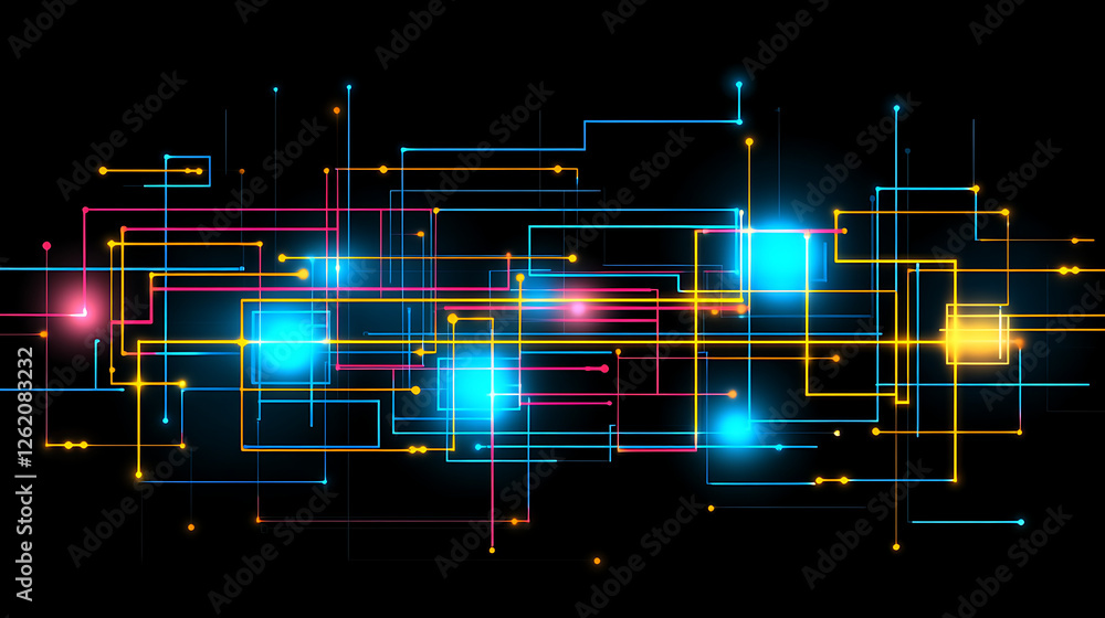 Poster bright lines interconnect in a modern technological network with glowing nodes and connections