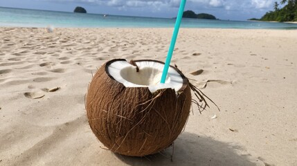  Refreshing coconut drink on a serene beach