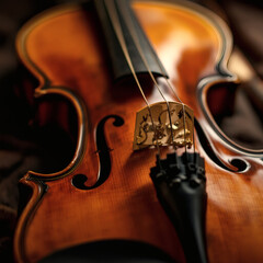 Fototapeta premium A stunning close-up of a finely crafted violin, showcasing intricate wood grain, aligned strings, and warm hues. Perfect for music, art, and craftsmanship themes.