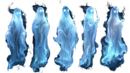 Spirited Specters: A haunting display of spectral figures. ethereal apparitions emanate an eerie, luminous glow. An illustration evokes a sense of mystery.