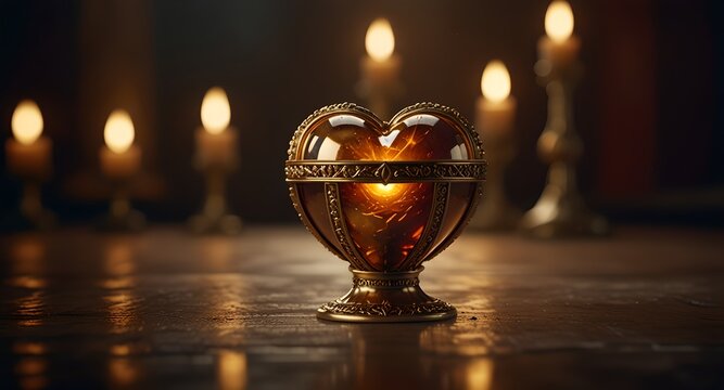A golden chalice in the shape of a heart, overflowing with an elixir, accompanied by glowing candles. 