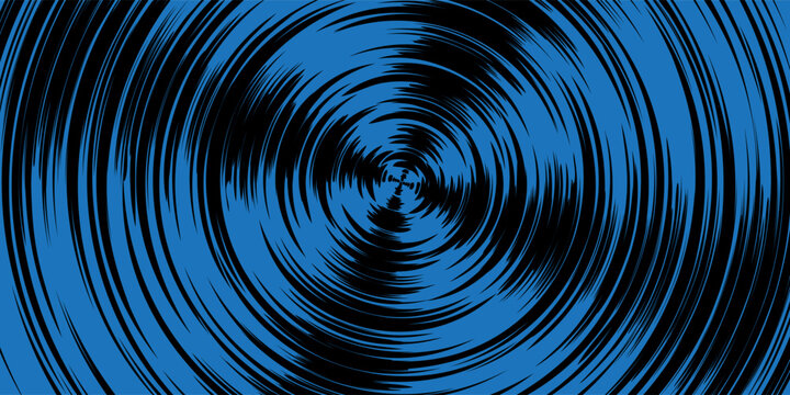 Black concentric lines on blue bg as a spinning vinyl record or manga spin vector illustration. Comic teleport or whirlpool epicenter. Optical dizzling swirl illusion