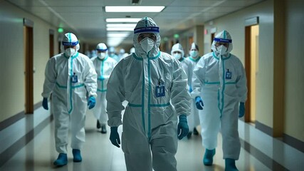 Medical Vanguard: Healthcare professionals in protective suits march confidently down a hospital hallway. This image evokes a sense of strength, dedication.