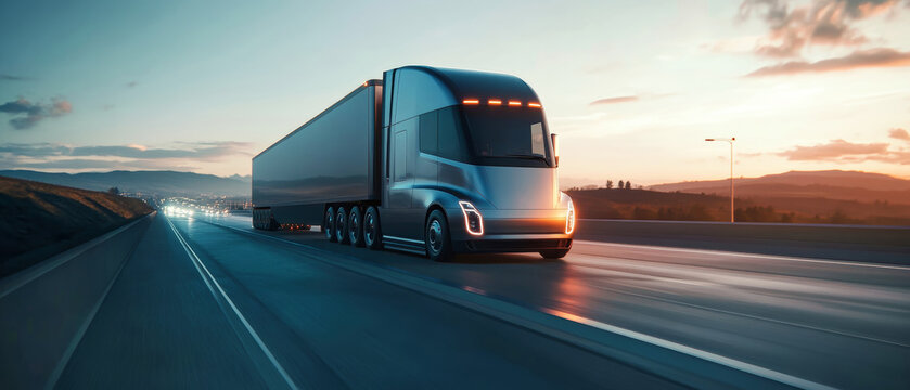 Futuristic autonomous truck navigating a bustling highway at sunset with dynamic lighting effects