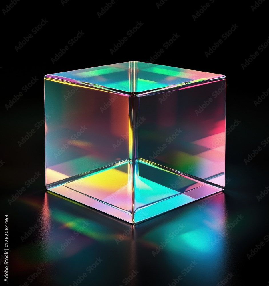 Poster futuristic glass cube with geometric patterns on a dark background