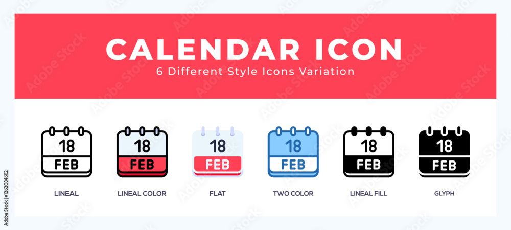 Poster calendar february icon set with different styles. icons designed in filled. outline. flat. glyph and