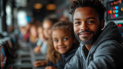 Fototapeta premium Group of diverse kids sitting in a futuristic classroom equipped with advanced technology bonding with their smiling teacher while engaged in interactive learning