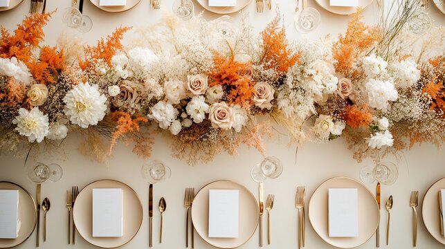 Elegant table setting with floral arrangement, featuring autumn colors and fine dining