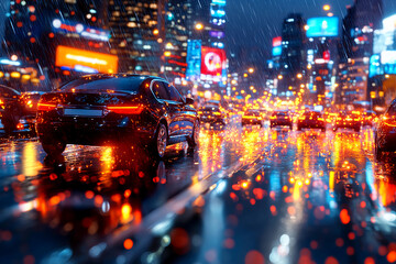 Fototapeta premium Nighttime Traffic Jam on a Rainy Evening Seen from Inside a Car with City Lights Reflecting on the Wet Road, Creating a Frustrating Stagnant Scene of Vehicle Movement