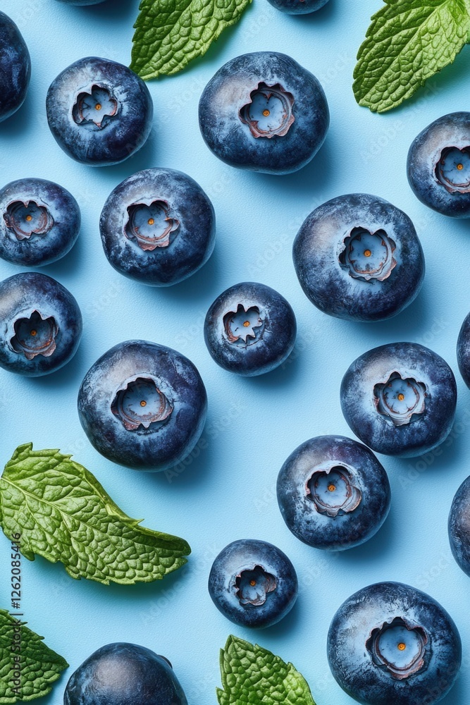 Poster blueberries arranged in a pattern on a blue background with mint leaves. healthy food image for stoc