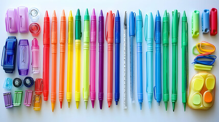 Vibrant collection of colorful pens, pencils, crayons, and stationery arranged neatly on a white background. Perfect for back-to-school, office supplies, or creativity themes.