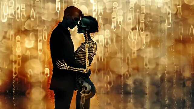 true lover even death can't separate them, skeleton lover kissing under glow light 