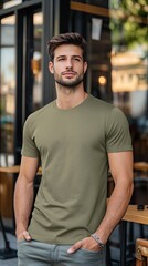A man wearing kiwi color t shirt mockup; with bracelet; at the cafe; front view
