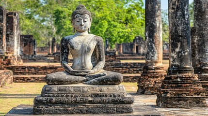 Obraz premium Serene Buddha Statue Surrounded by Ancient Ruins in Sunny Daylight