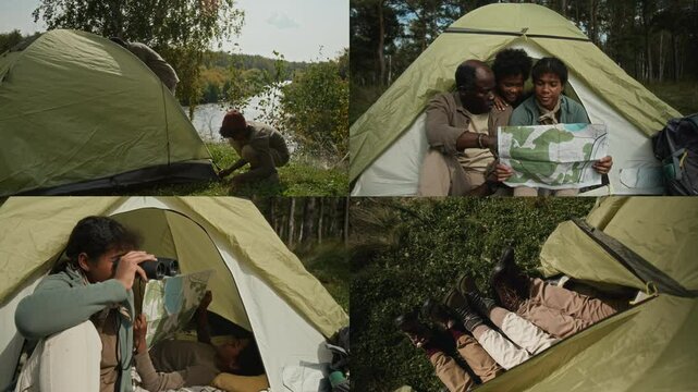 Split screen of African American family setting up rainfly on tent, reading map, looking through binoculars and relaxing during overnight hike