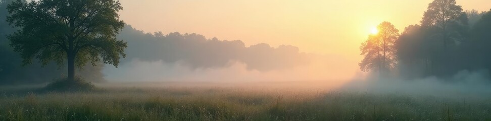 Obraz premium Tranquil morning light filters through the fog, dreamy effect, natural