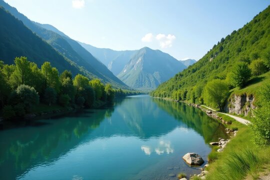 Torocko river with clear water and surrounding hills, hills, riverbank, nature