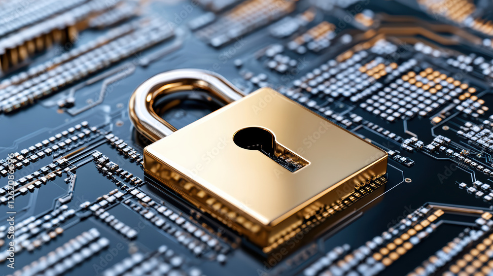 Poster digital padlock icon symbolizes security on circuit board background