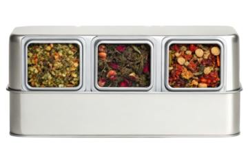 Metal container with three spice blends isolated with transparent background