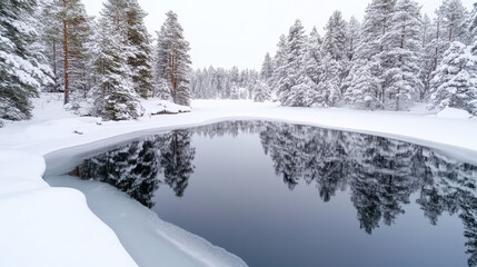 Obraz premium serene frozen lake surrounded by snow covered pine trees reflects winter landscape